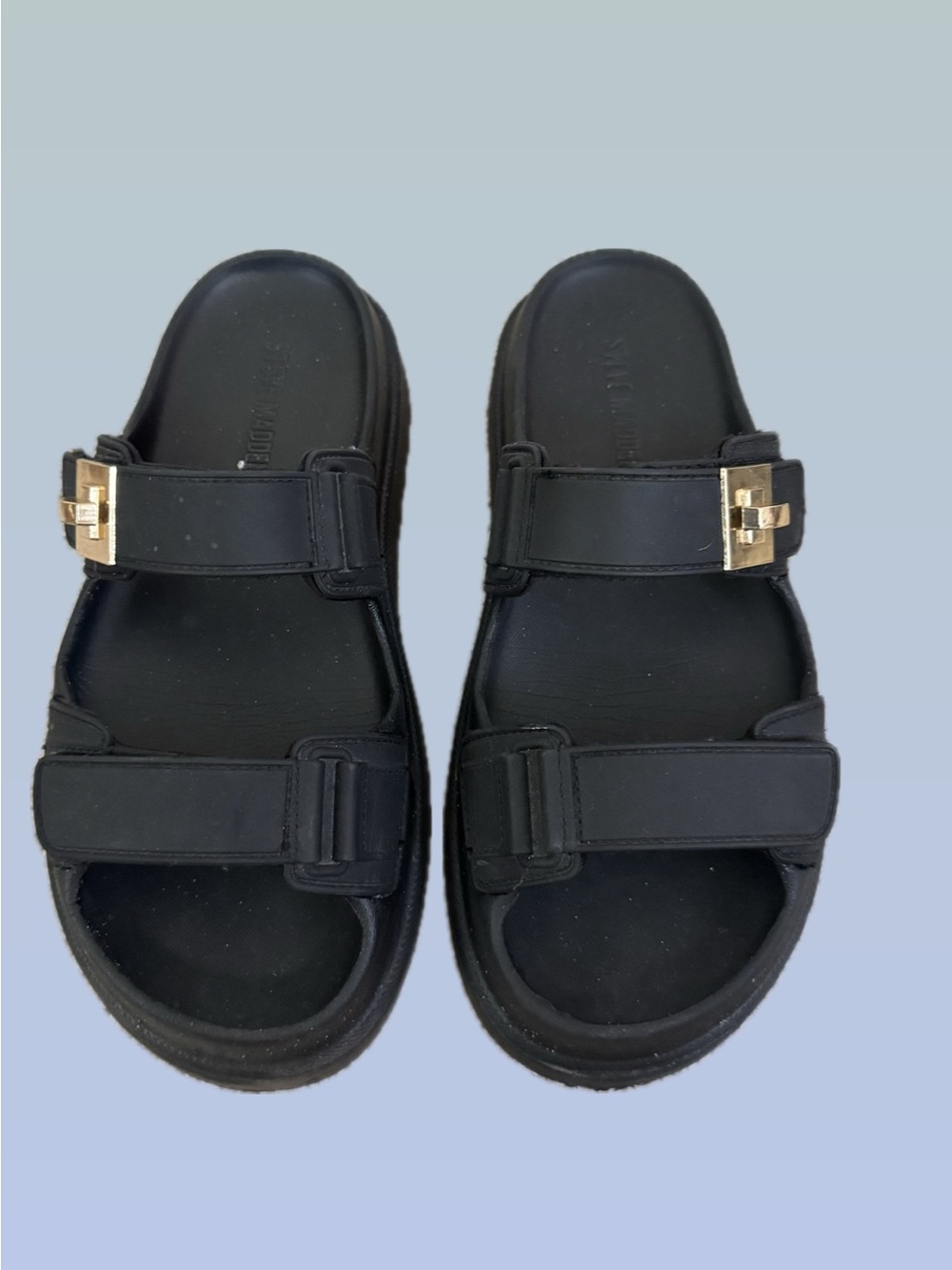 Steve Madden Black Dual-Strap Slide Sandals with Gold Buckle